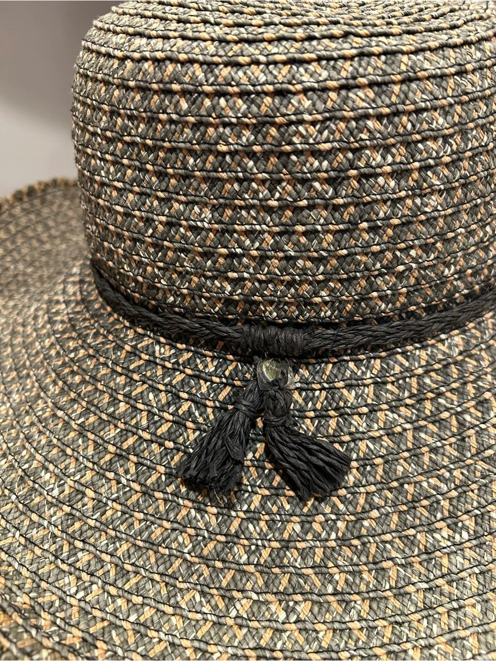 Wide Brim Woven Sun Hat with Tassel Band - Black/Beige